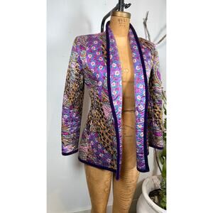 Vintage Quilted Jacket Size L Velvet Trim Floral Tapestry Boho Ethnic Coat